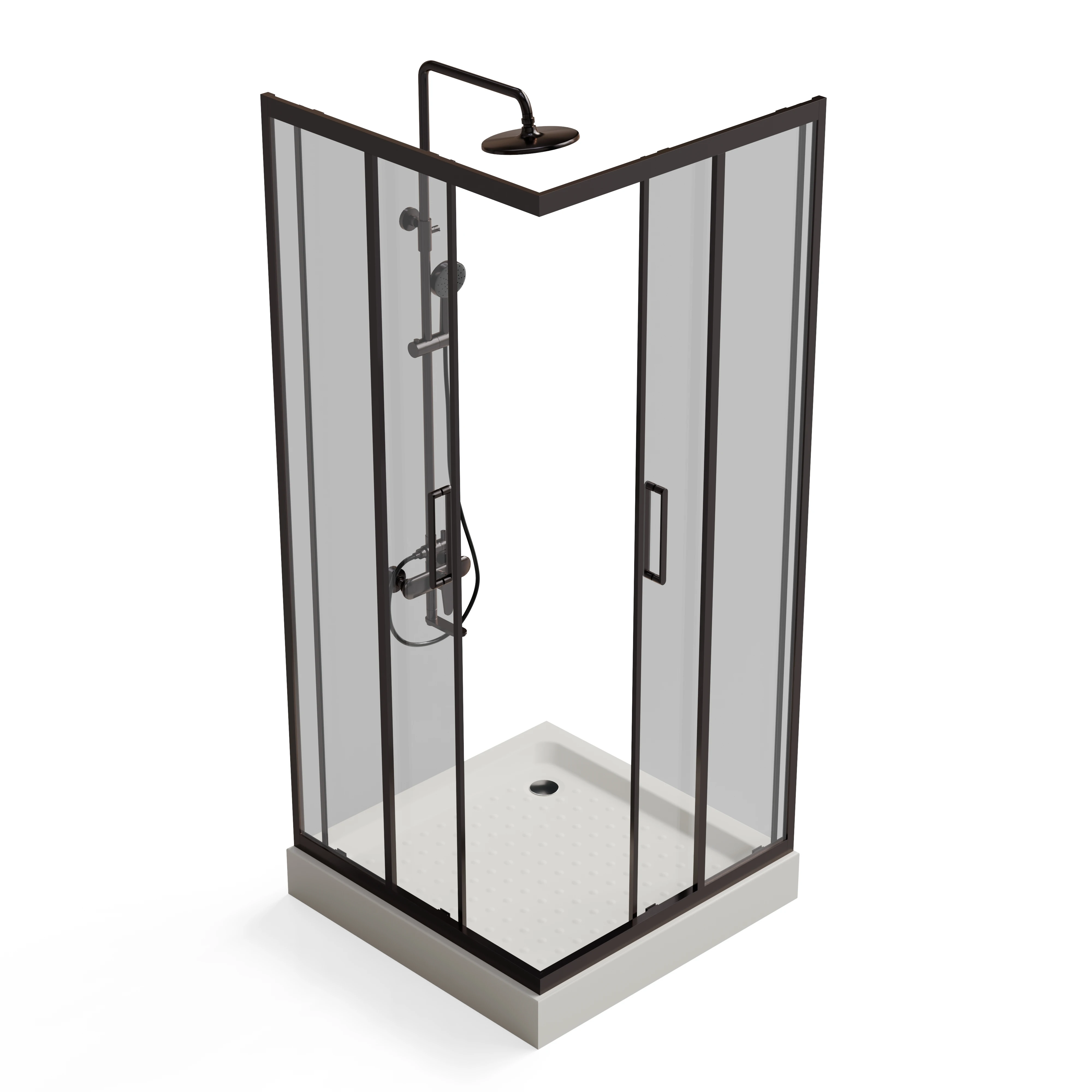Black-Framed Corner Glass Shower Enclosure with Rain Shower — Hero view