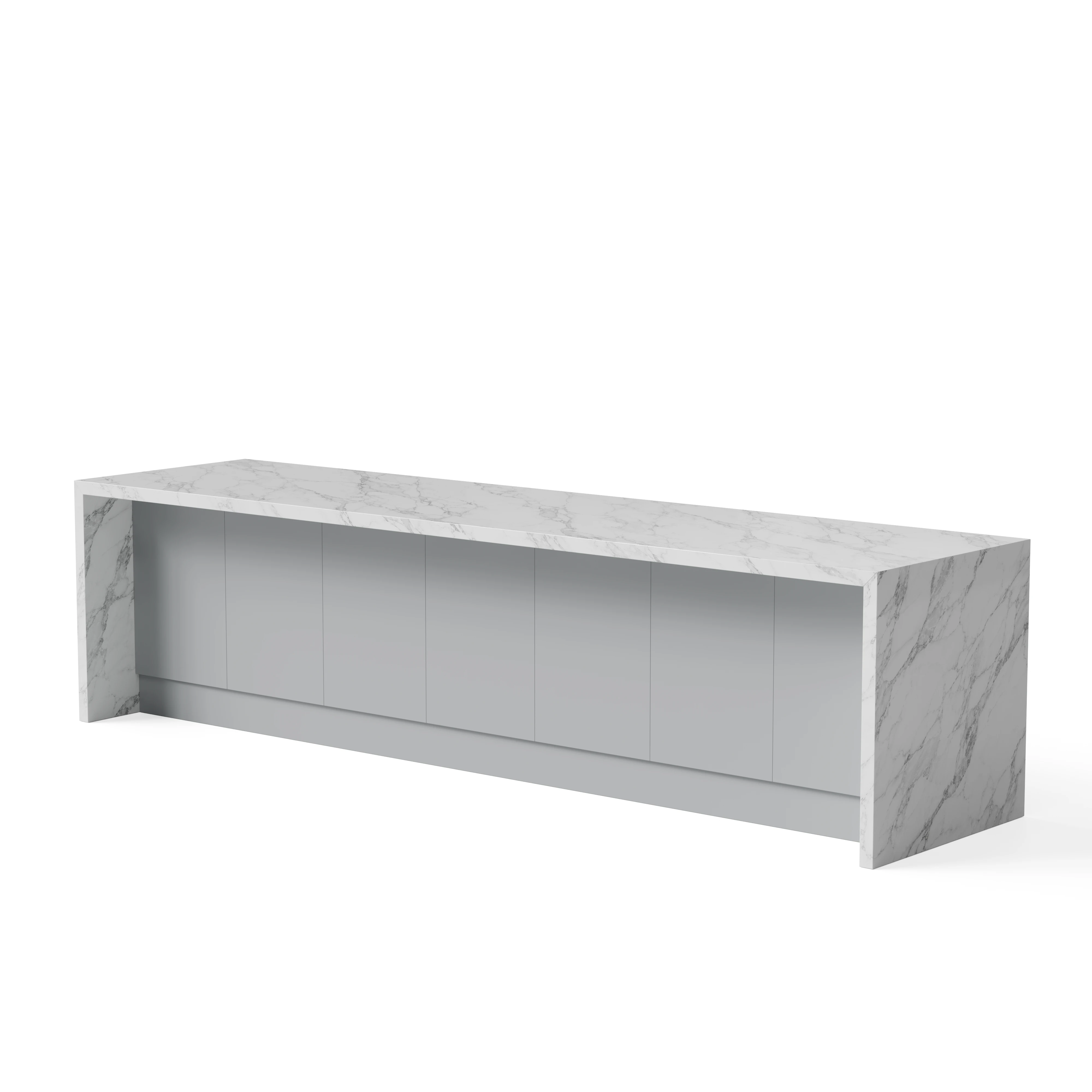 Kitchen Island 1 - White Marble-Look Island with Grey Cabinets — Hero view