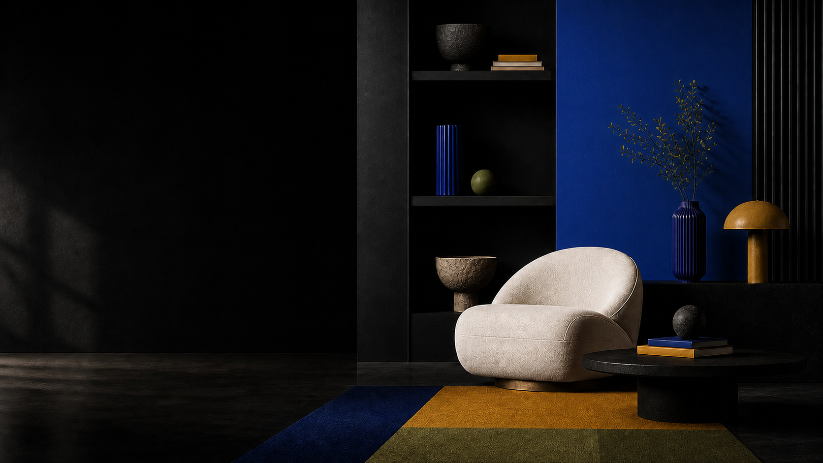 Ivory lounge chair in a black interior with cobalt blue, ochre, olive and cream accents